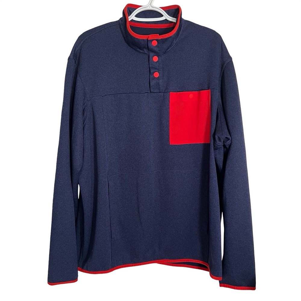 Duluth Trading Co Mens Navy Blue Red Snap Neck Pullover Sweater Large Pocket